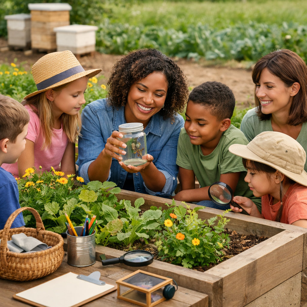 Students and educators observing pollinators at Sejakgomo Farm during a census counting event