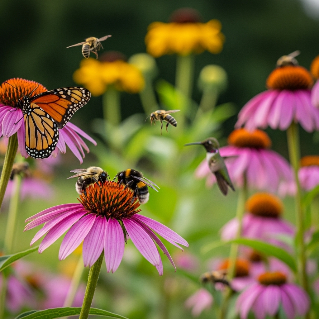 Close-up of a bee pollinating a colorful flower, showing the importance of pollinators to gardens and food systems
